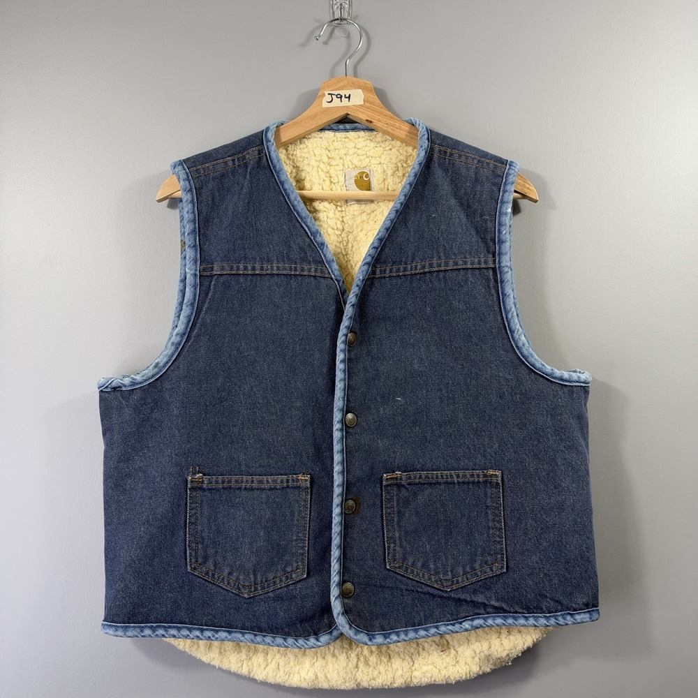 Vintage Carhartt Vest 8SV Denim Sherpa Lined Vest Union Made Large 70s